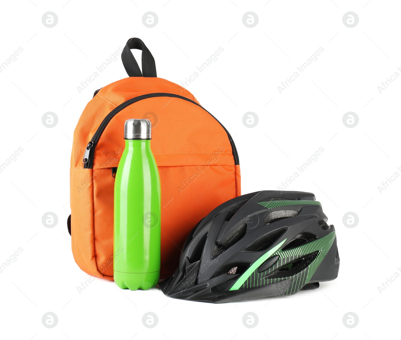 Photo of Bicycle helmet, thermo bottle and backpack isolated on white