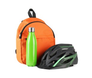 Photo of Bicycle helmet, thermo bottle and backpack isolated on white