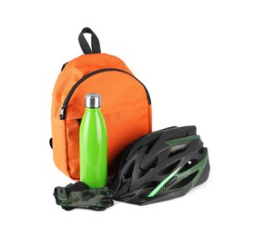 Photo of Bicycle helmet, thermo bottle, fingerless gloves and backpack isolated on white