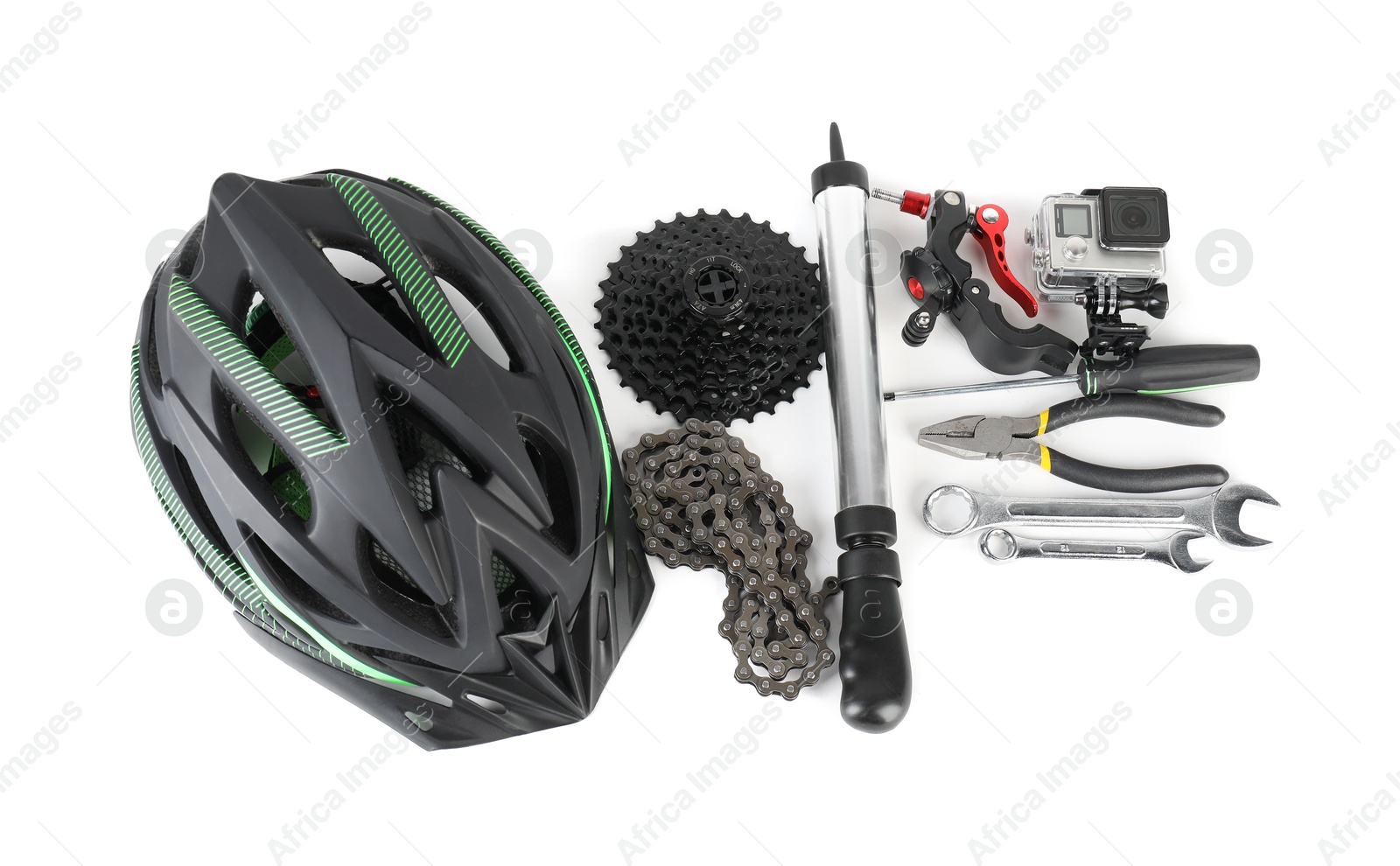 Photo of Bicycle helmet, action camera and tools on white background, flat lay