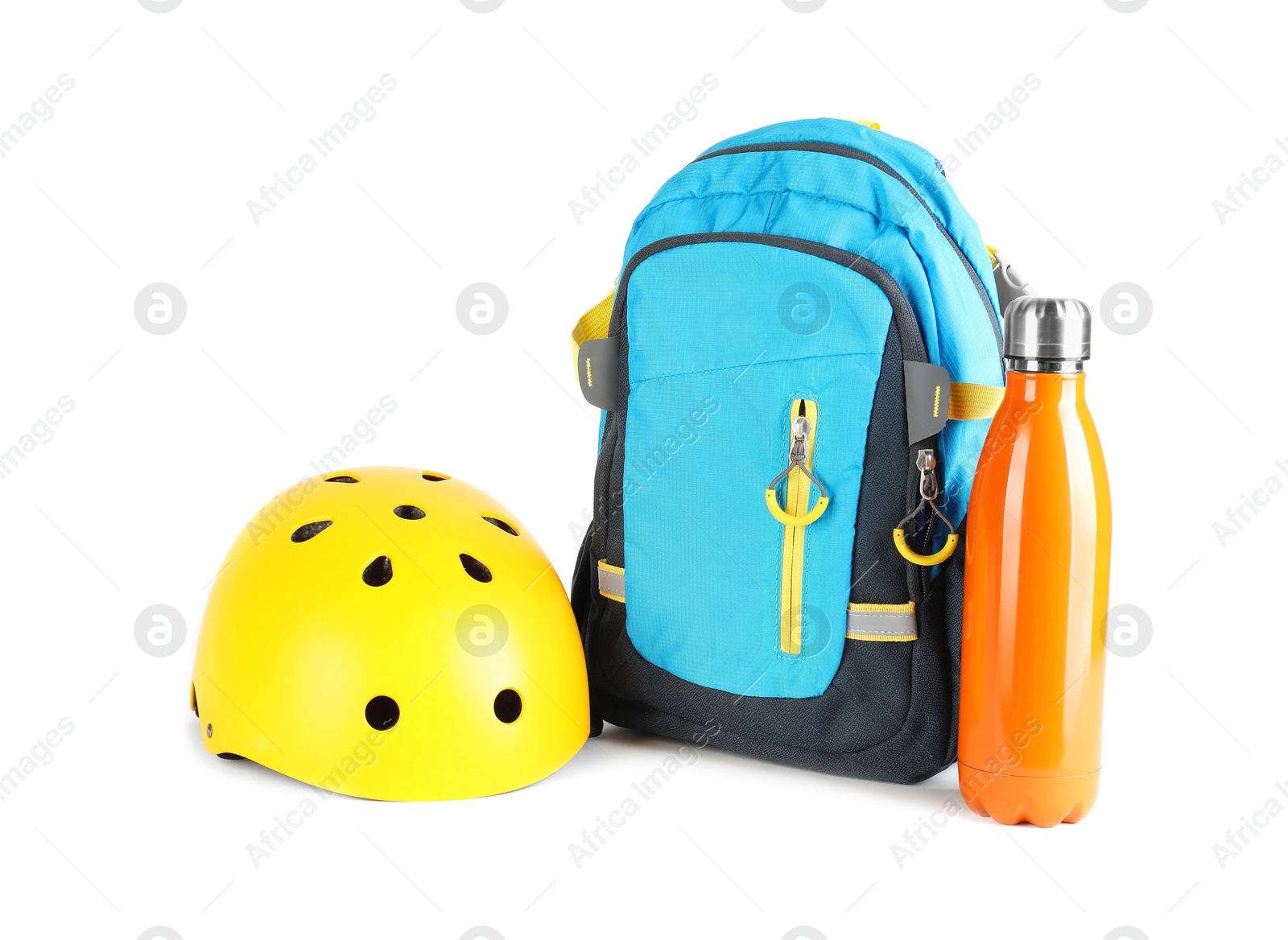 Photo of Bicycle helmet, thermo bottle and backpack isolated on white