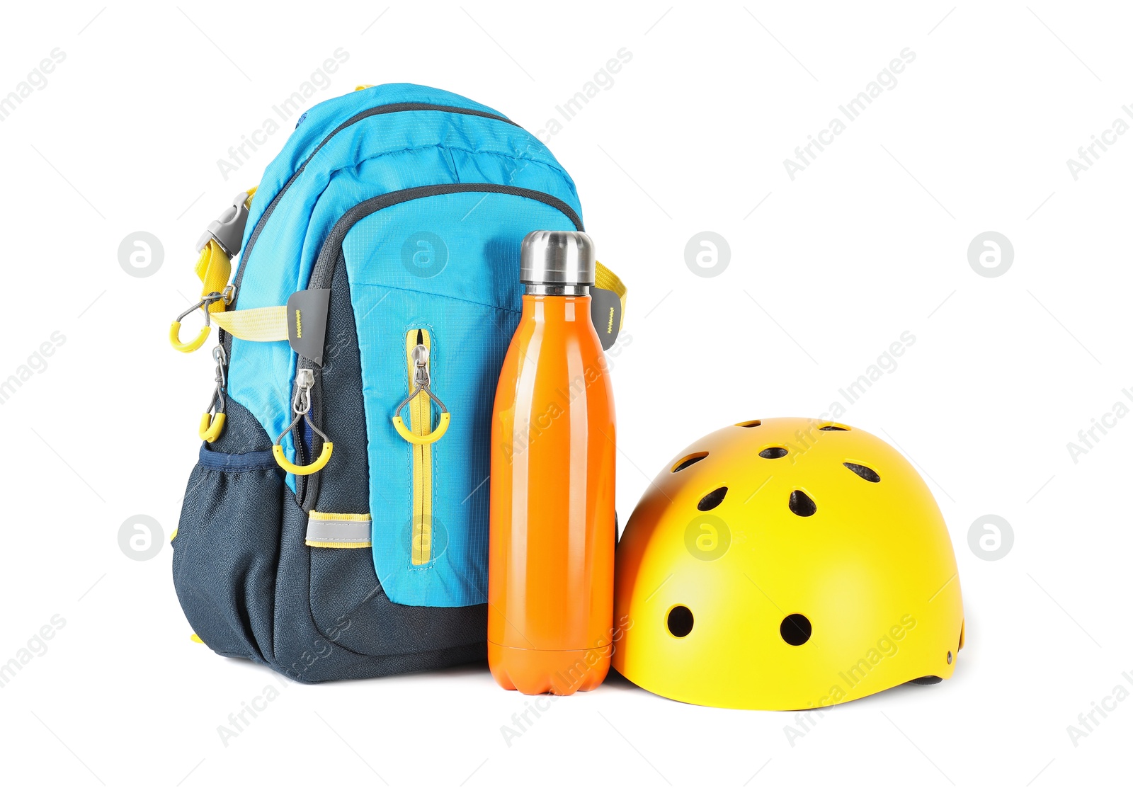 Photo of Bicycle helmet, thermo bottle and backpack isolated on white