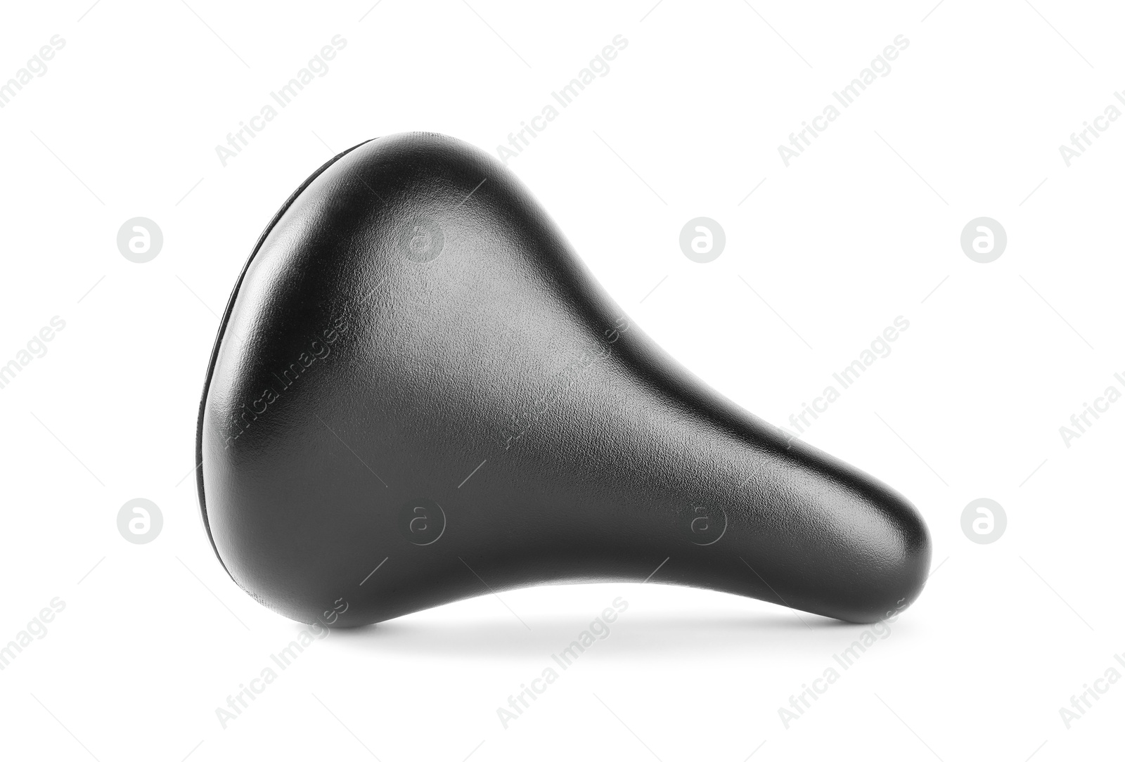 Photo of Black leather bicycle saddle isolated on white