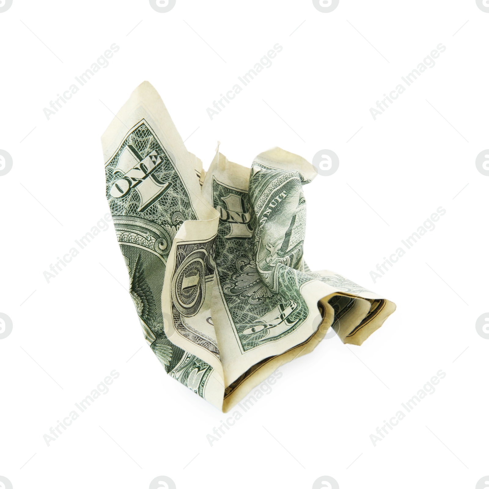 Photo of One crumpled dollar banknote isolated on white