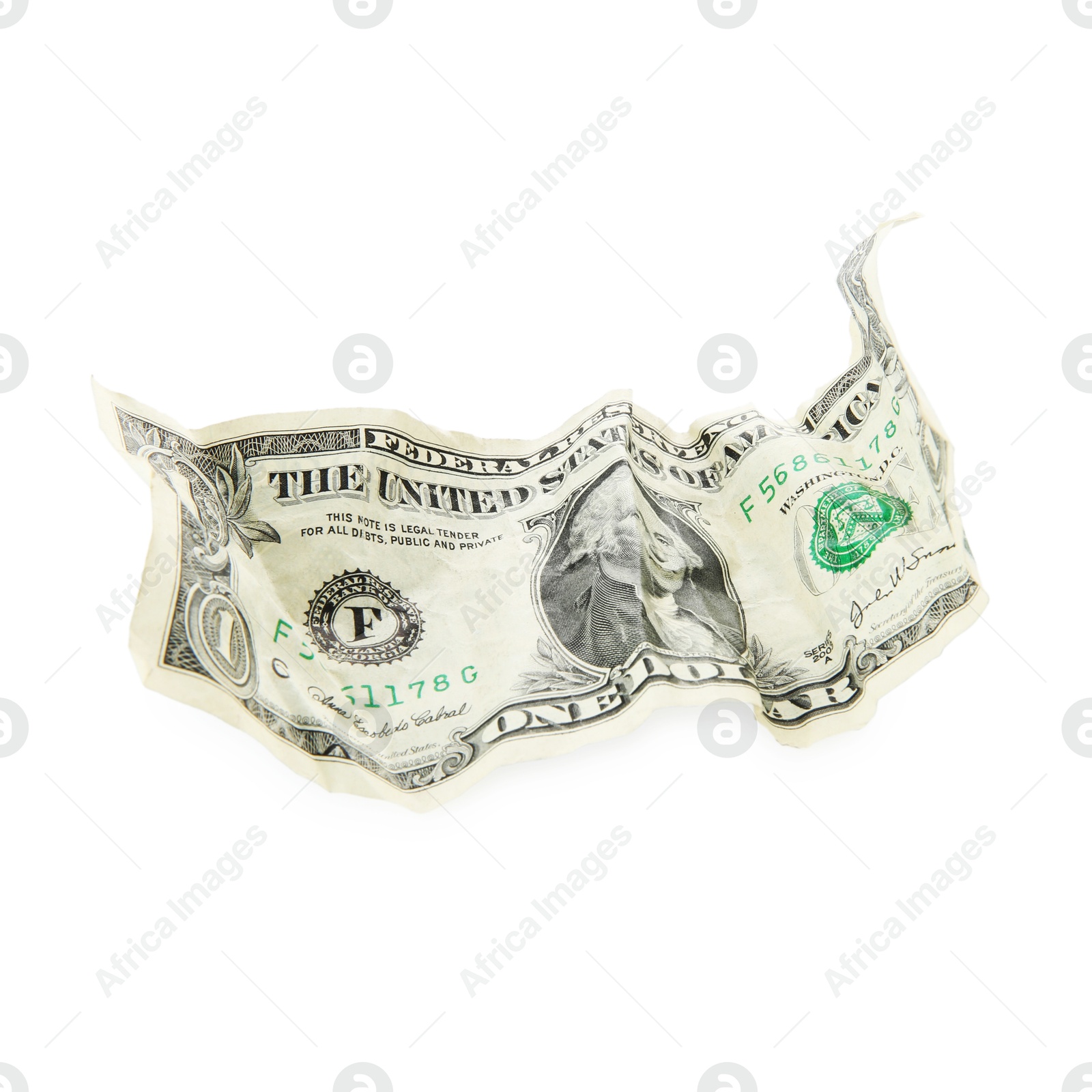 Photo of One crumpled dollar banknote isolated on white