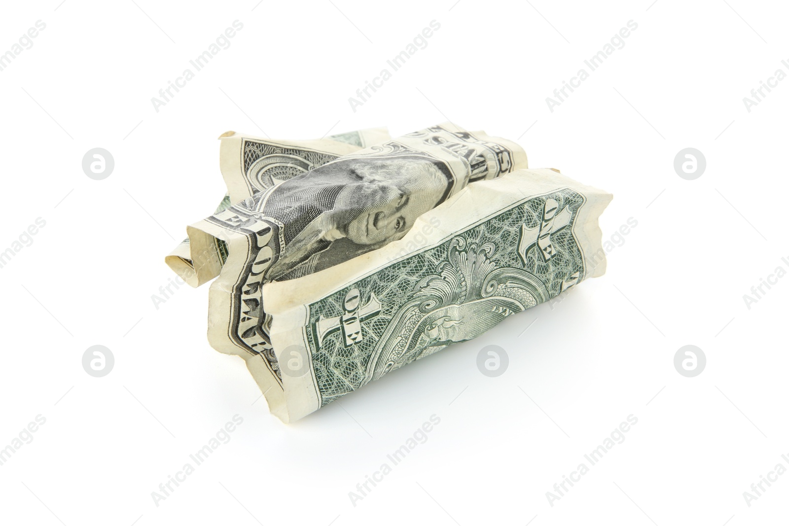 Photo of One crumpled dollar banknote isolated on white