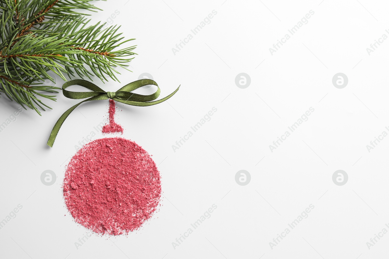 Photo of Christmas ball made of blush with bow and fir branch on white background, flat lay. Space for text