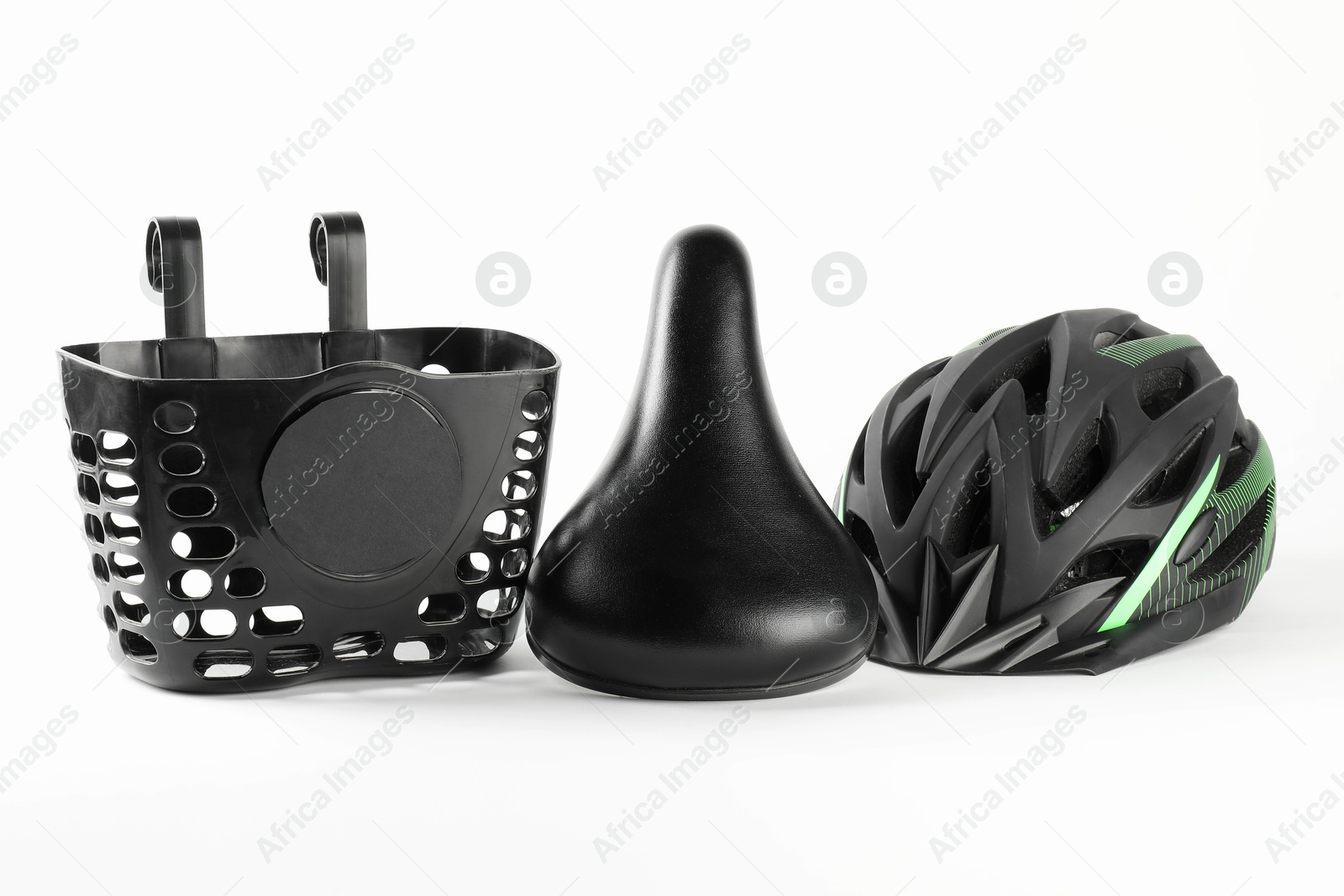 Photo of Parts of bicycle and helmet on white background