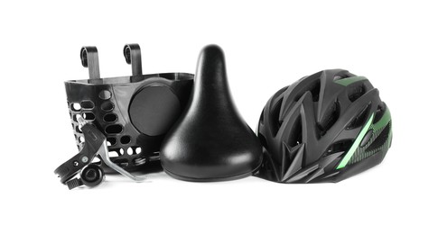 Parts of bicycle and helmet isolated on white