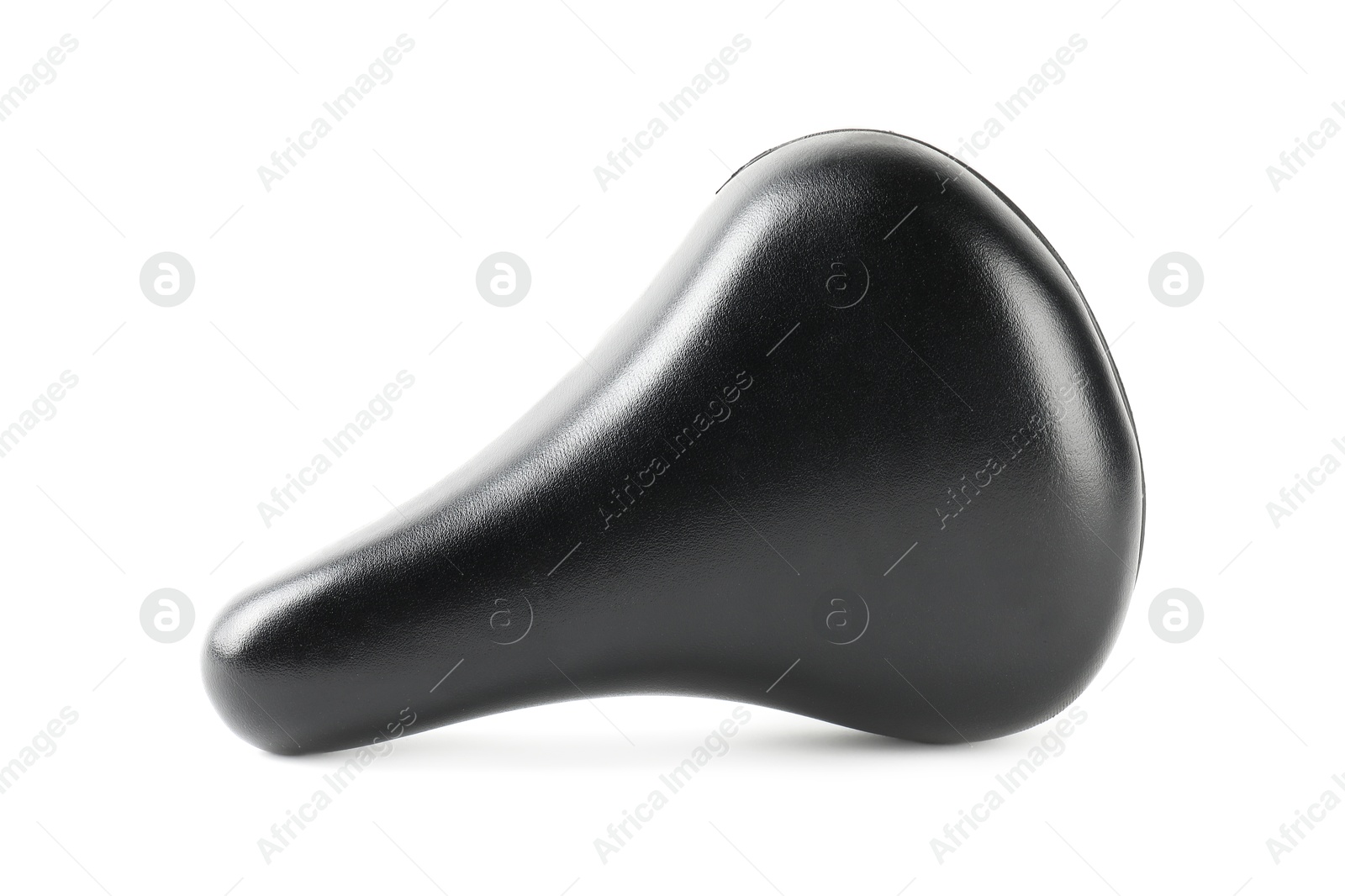 Photo of Black leather bicycle saddle isolated on white