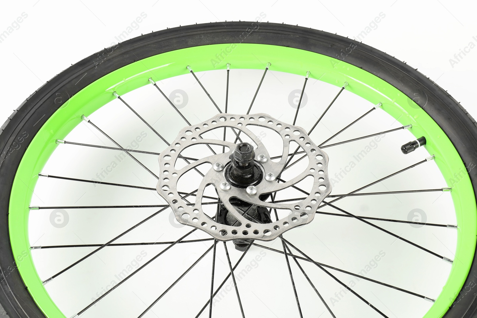 Photo of Bicycle wheel with tire on white background, closeup