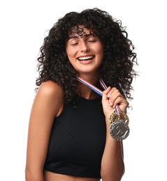 Happy winner with different medals on white background