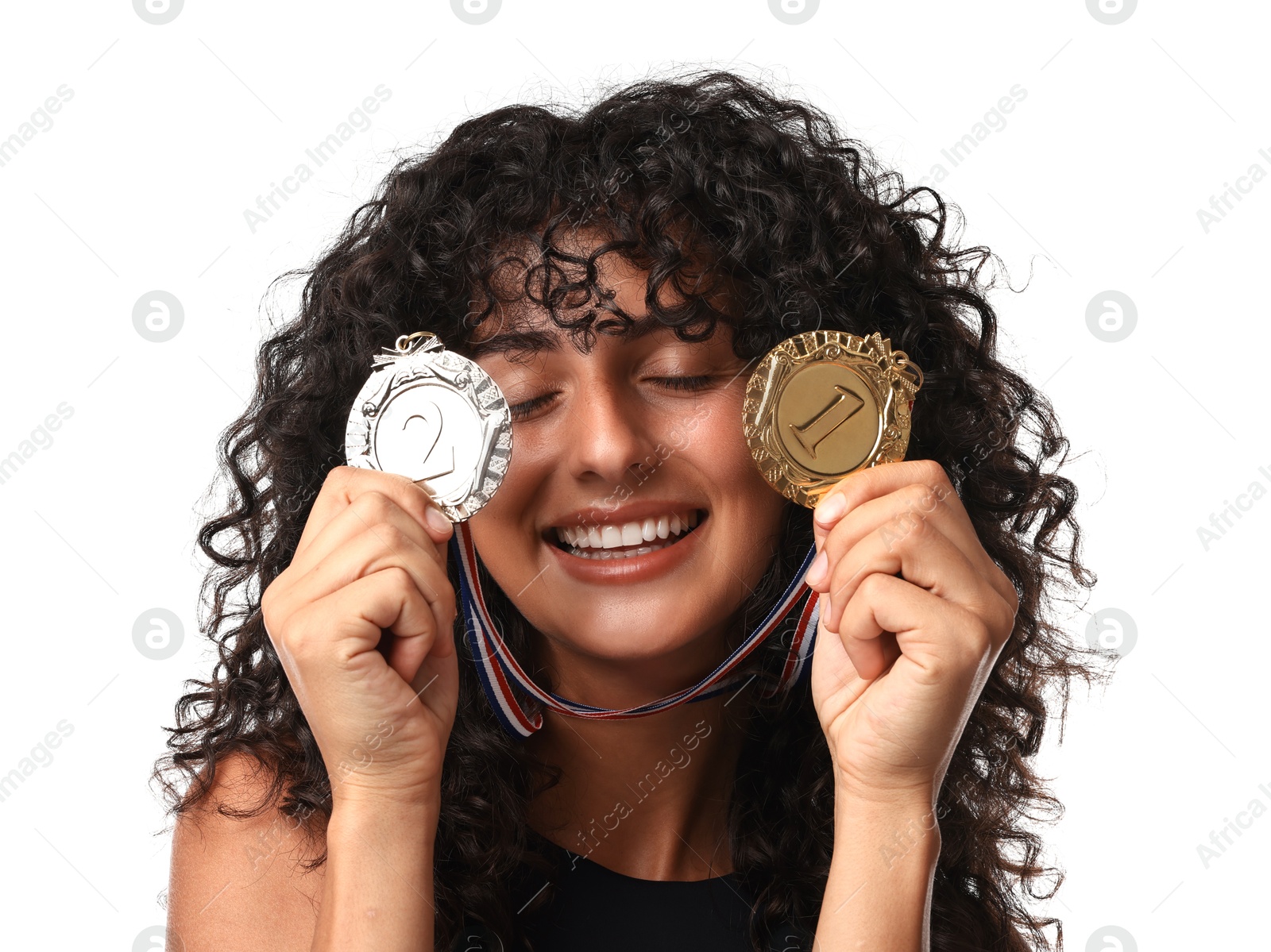 Photo of Happy winner with different medals on white background