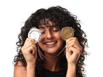 Happy winner with different medals on white background