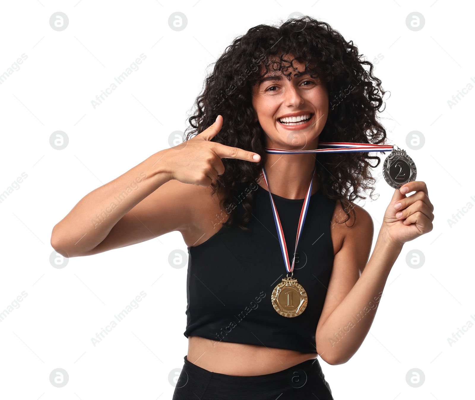 Photo of Happy winner pointing at her silver medal on white background