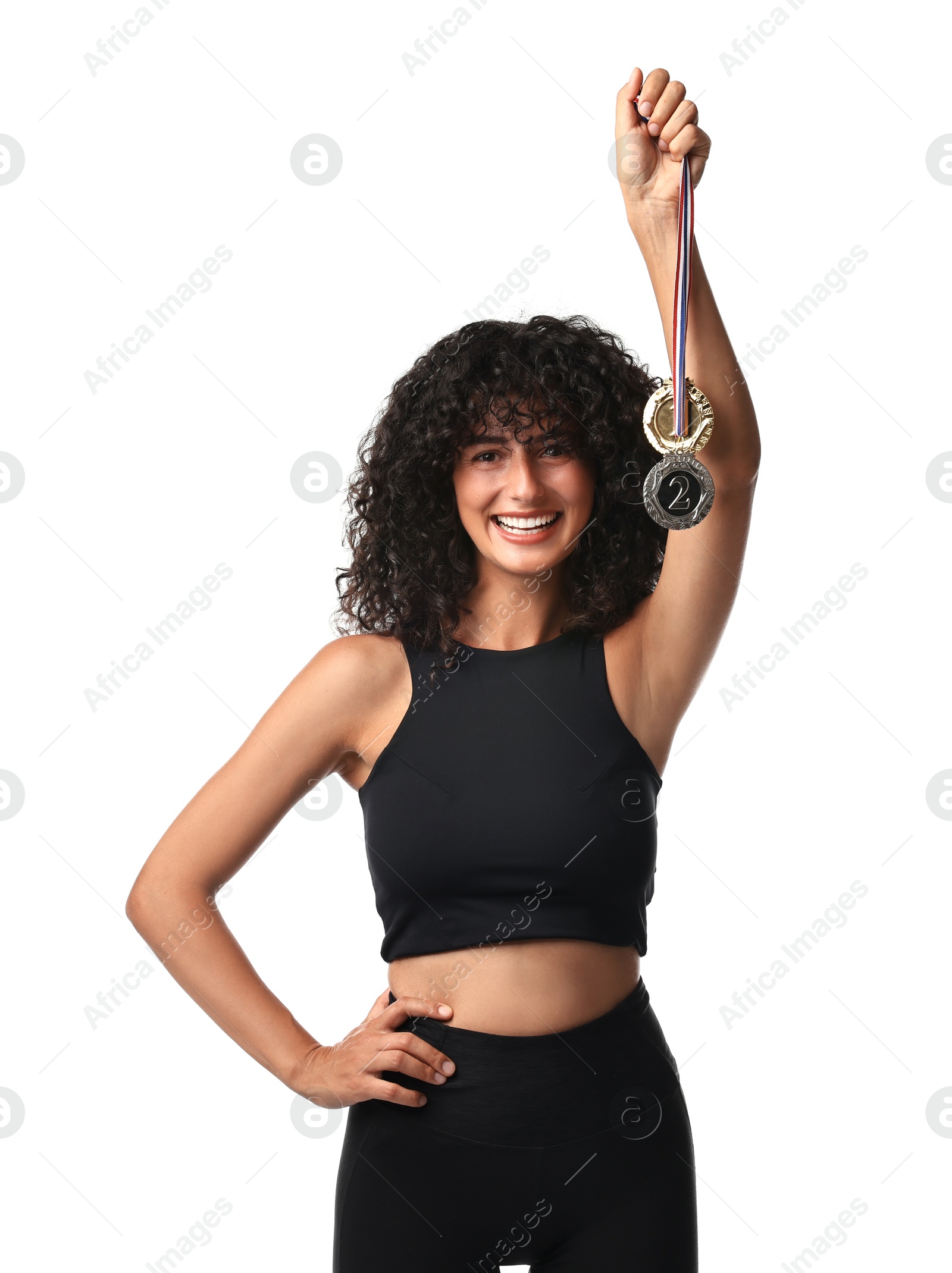 Photo of Happy winner with different medals on white background