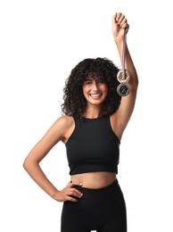 Photo of Happy winner with different medals on white background