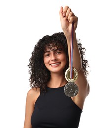 Happy winner with different medals on white background