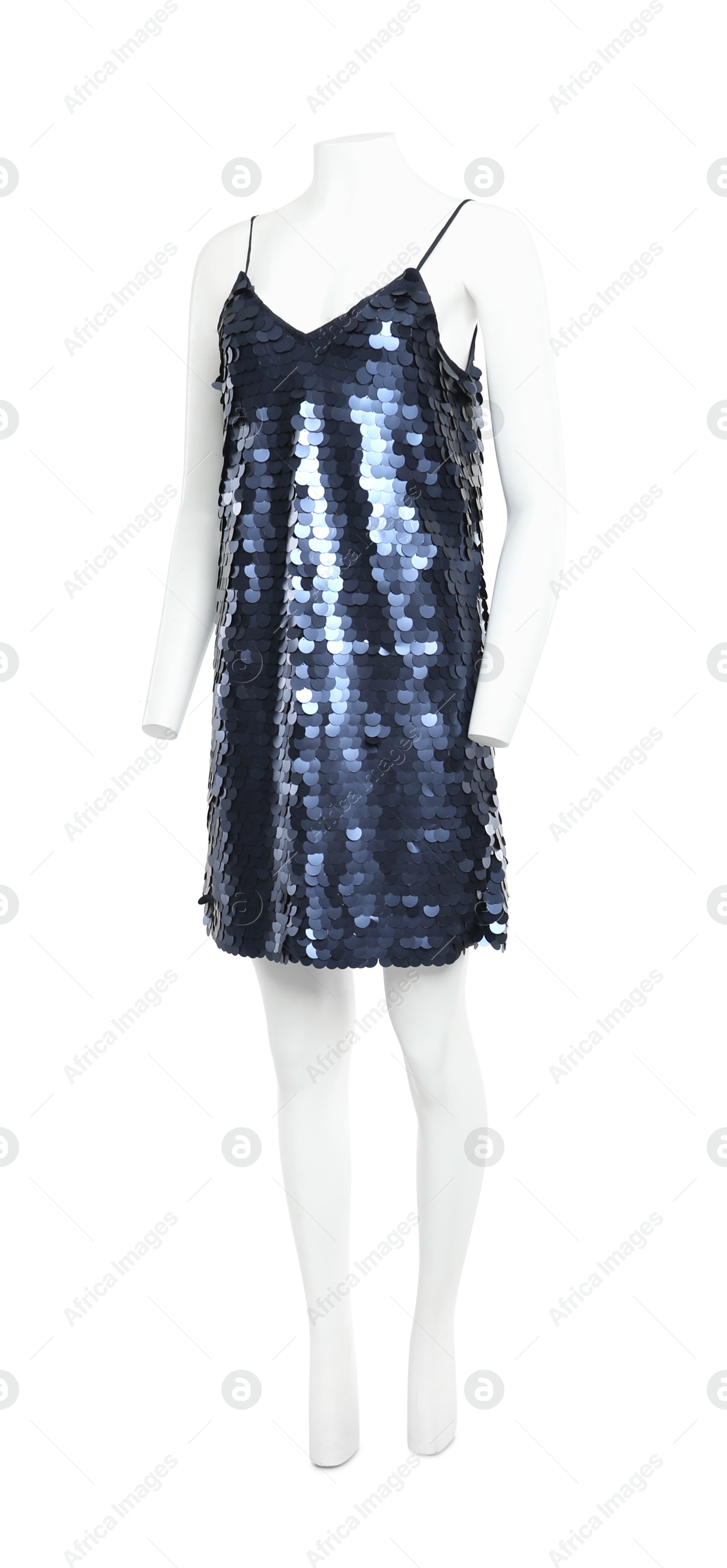 Photo of Female mannequin with stylish blue dress isolated on white