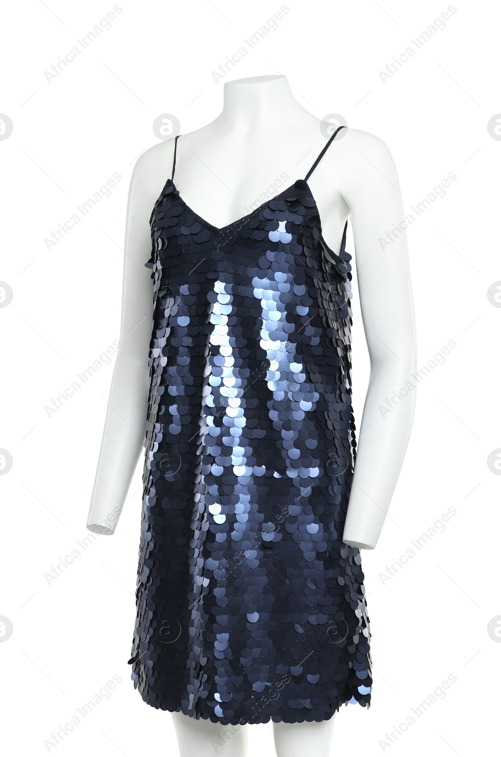 Photo of Female mannequin with stylish blue dress isolated on white