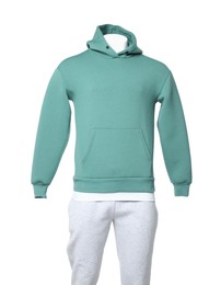 Photo of Male mannequin with stylish hoodie and sweatpants isolated on white