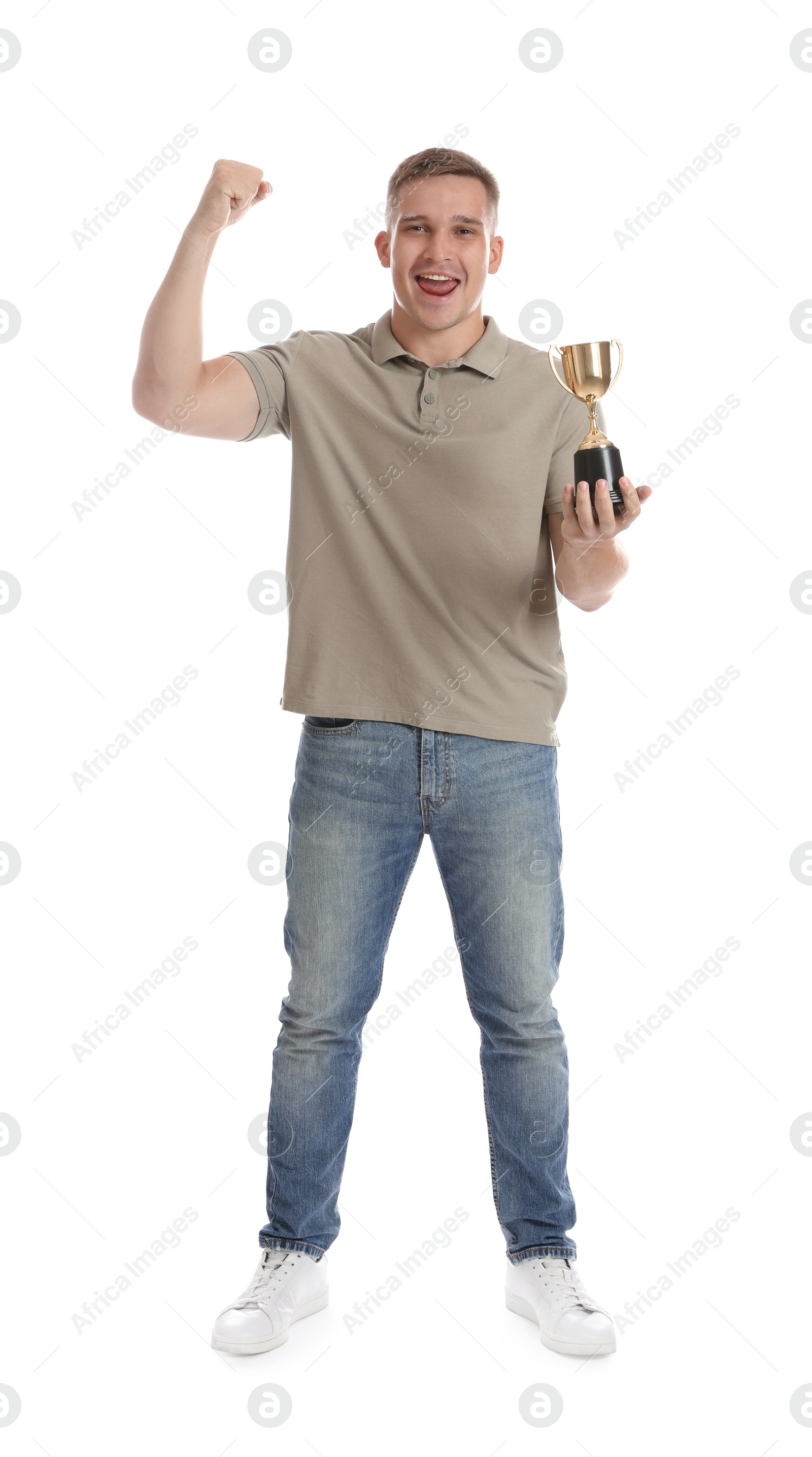 Photo of Happy winner with golden trophy cup on white background