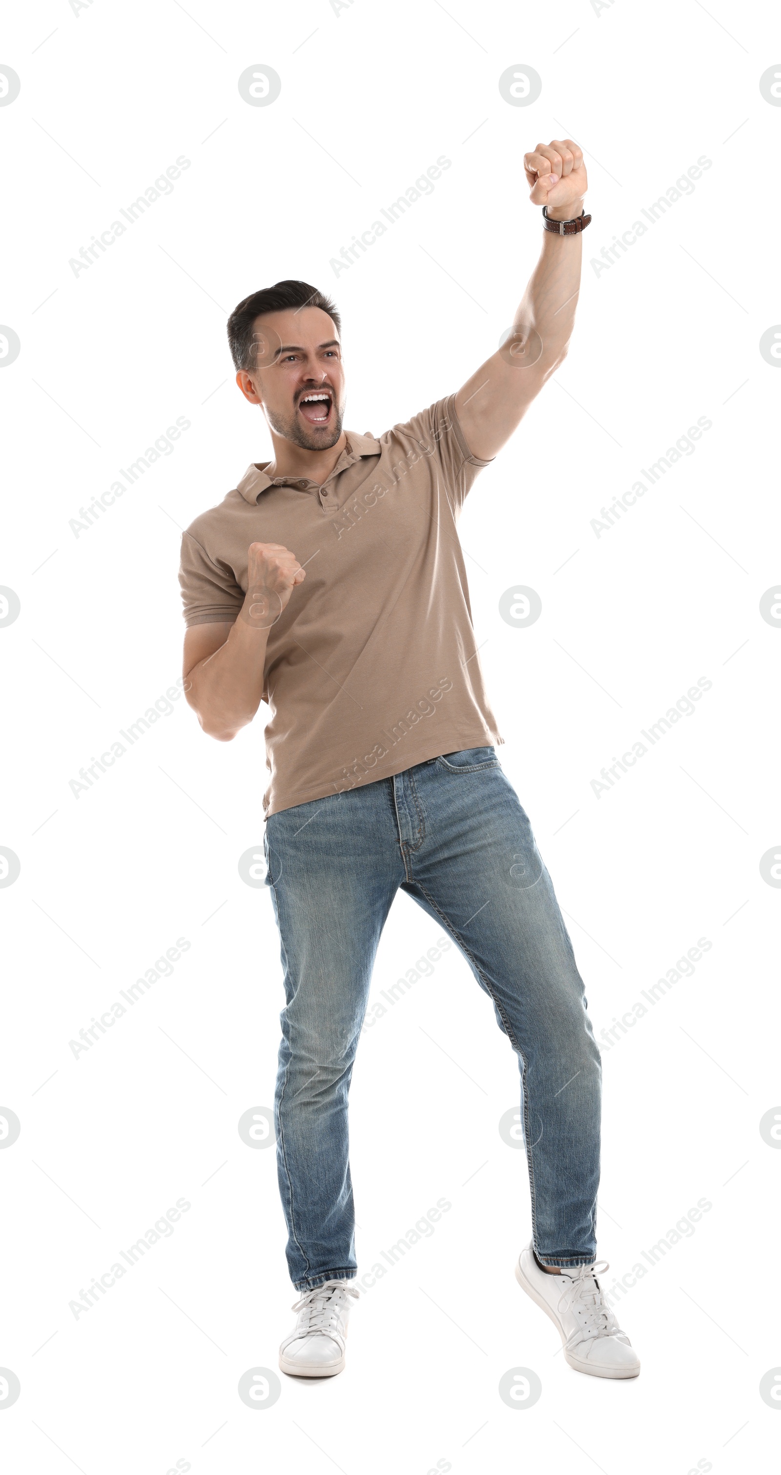 Photo of Portrait of happy winner on white background