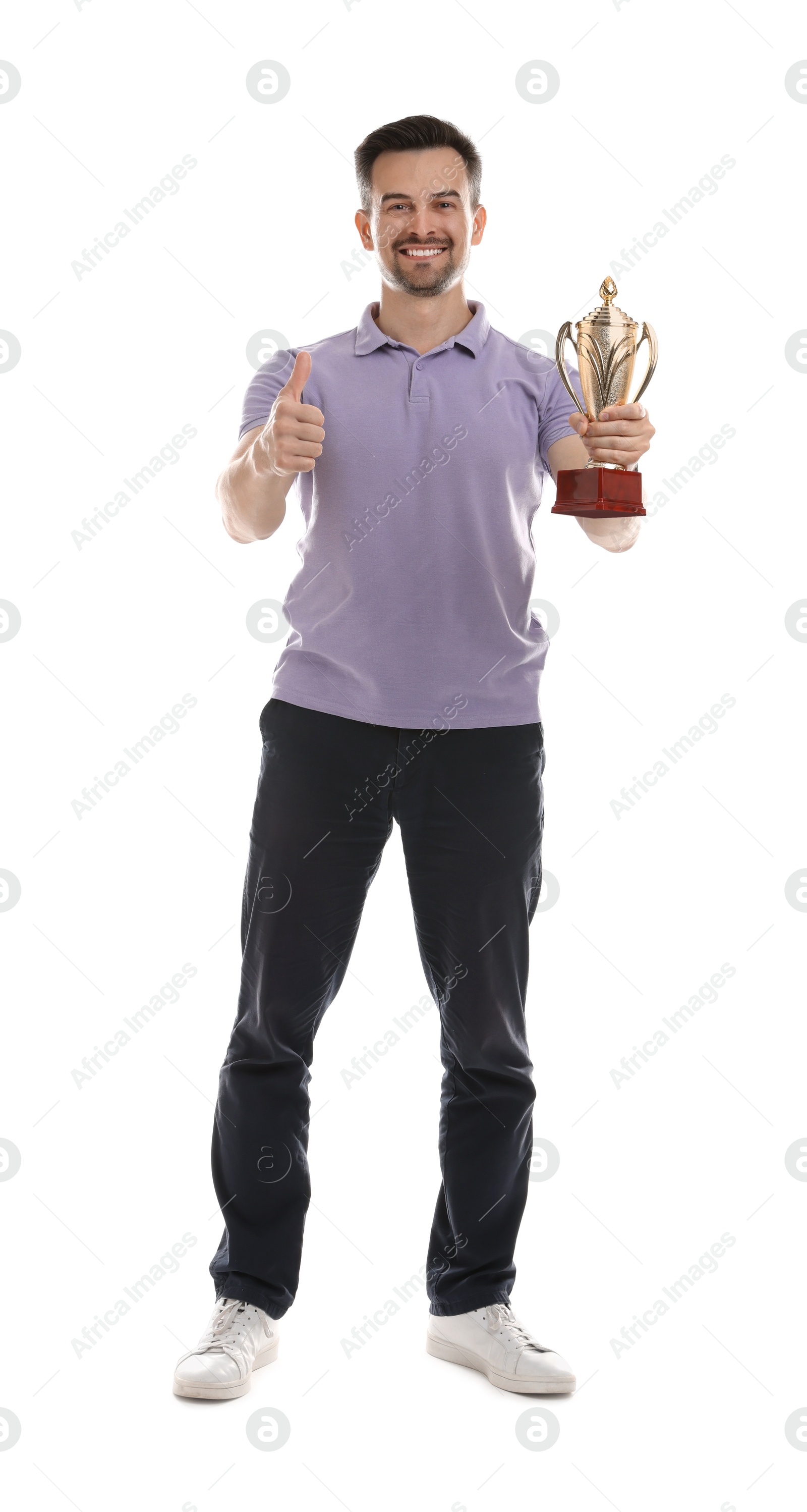 Photo of Happy winner with golden trophy cup on white background