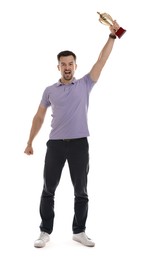 Photo of Happy winner with golden trophy cup on white background