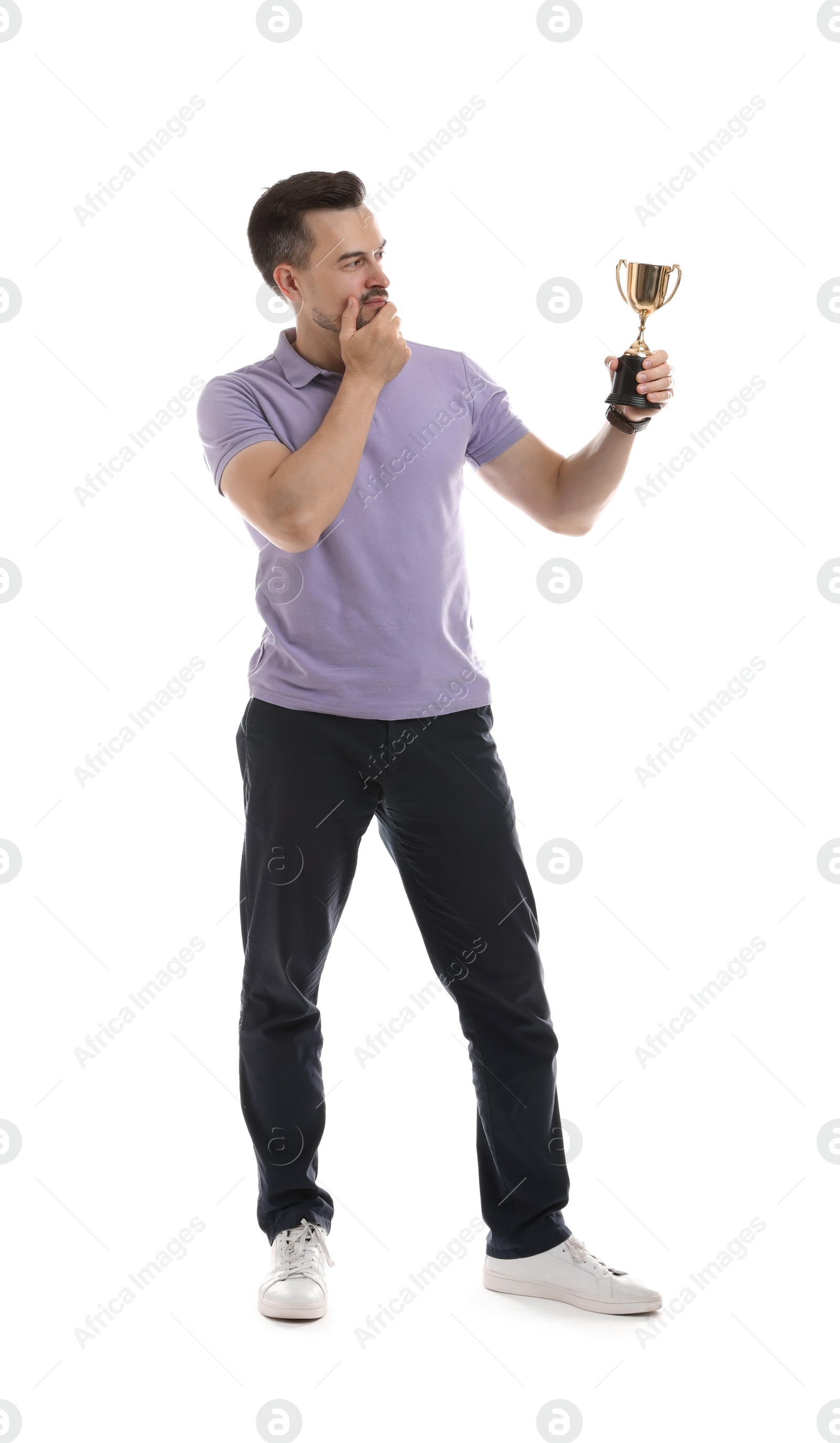 Photo of Winner with golden trophy cup on white background