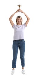 Happy winner with golden trophy cup on white background