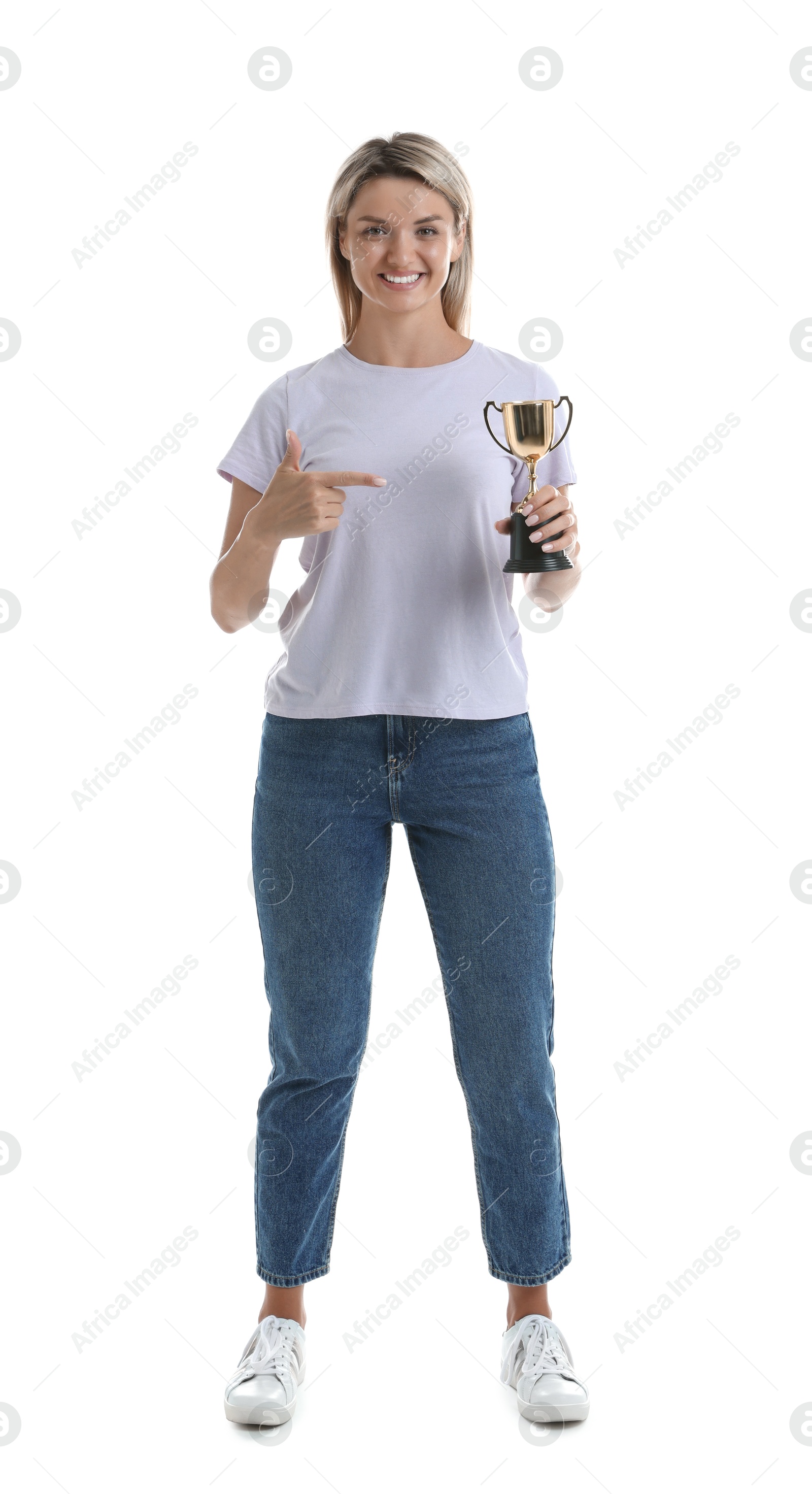 Photo of Happy winner with golden trophy cup on white background