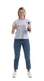 Photo of Happy winner with golden trophy cup on white background