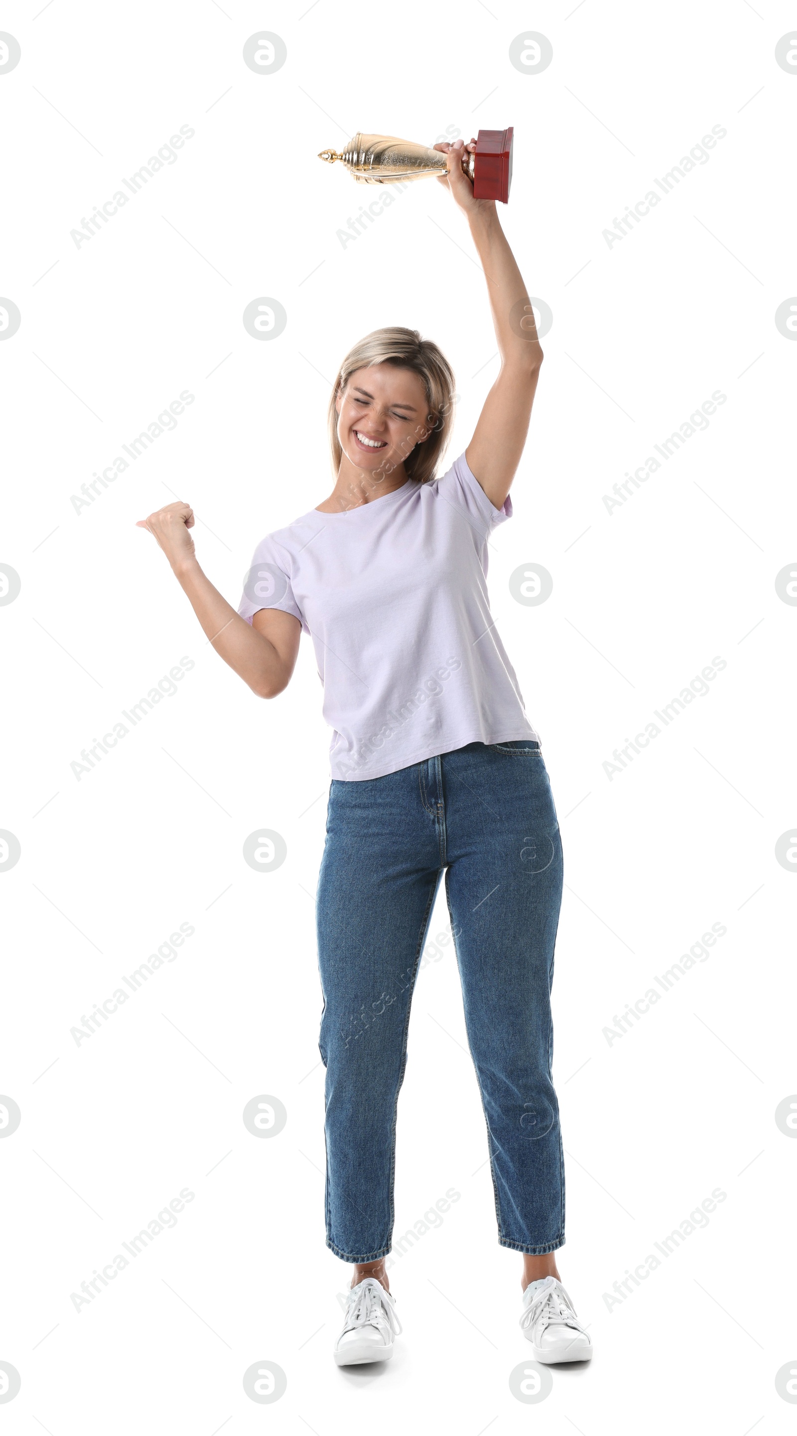 Photo of Happy winner with golden trophy cup on white background