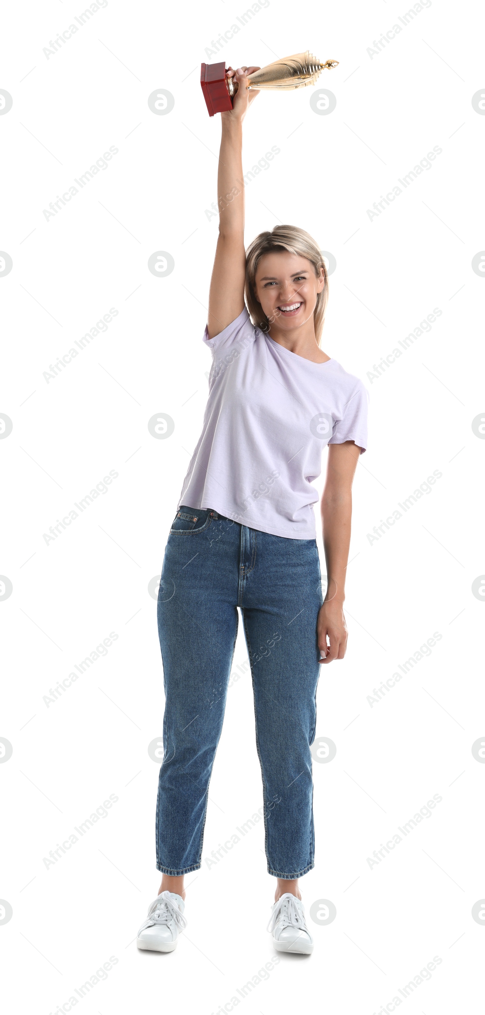 Photo of Happy winner with golden trophy cup on white background