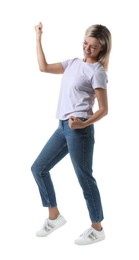 Portrait of happy winner on white background