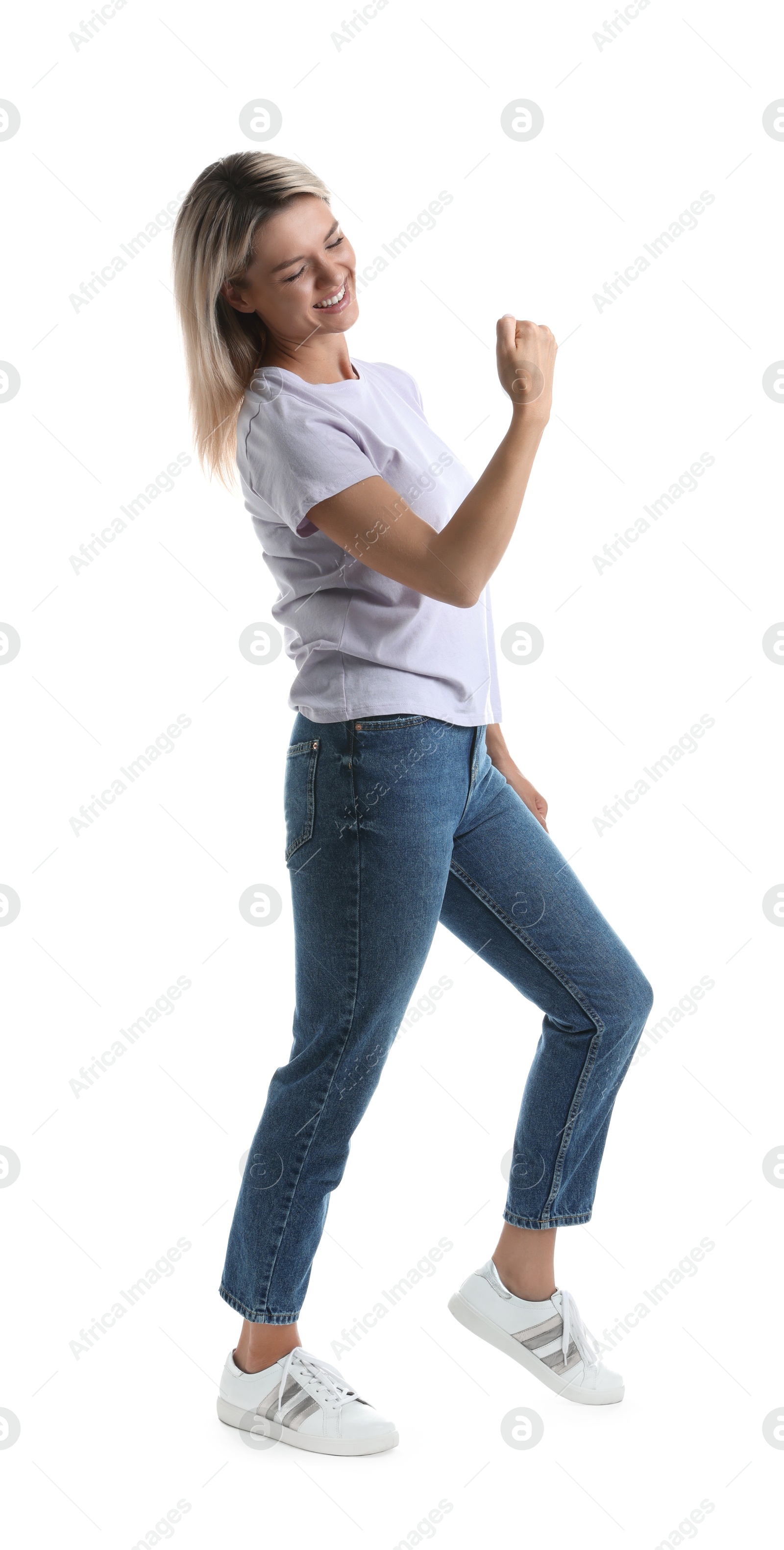 Photo of Portrait of happy winner on white background