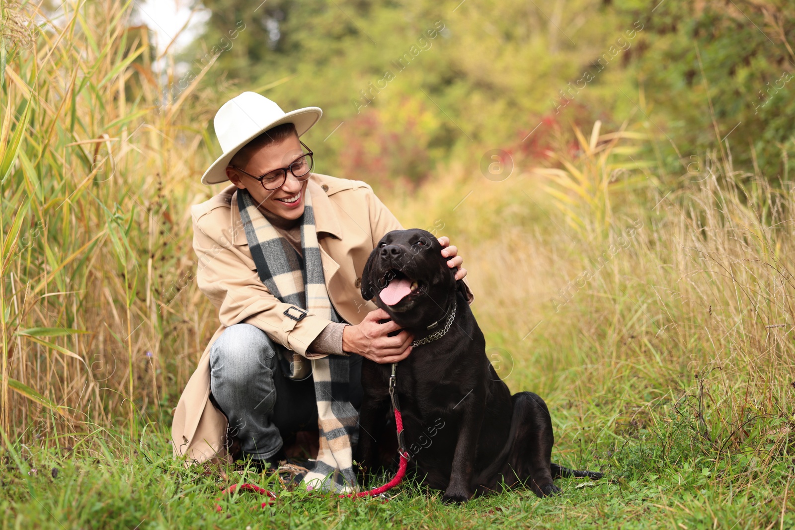 Photo of Smiling man with cute dog outdoors on autumn day