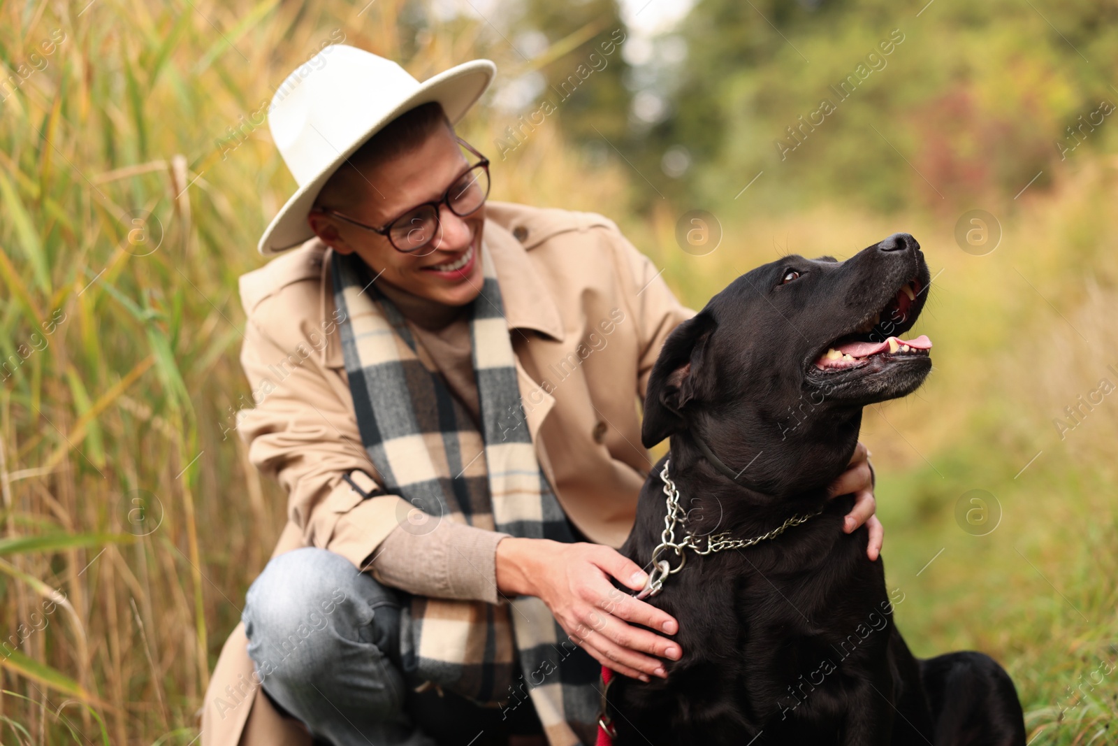 Photo of Smiling man with cute dog outdoors on autumn day