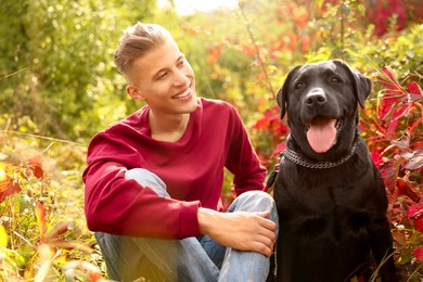 Smiling man with cute dog outdoors on autumn day