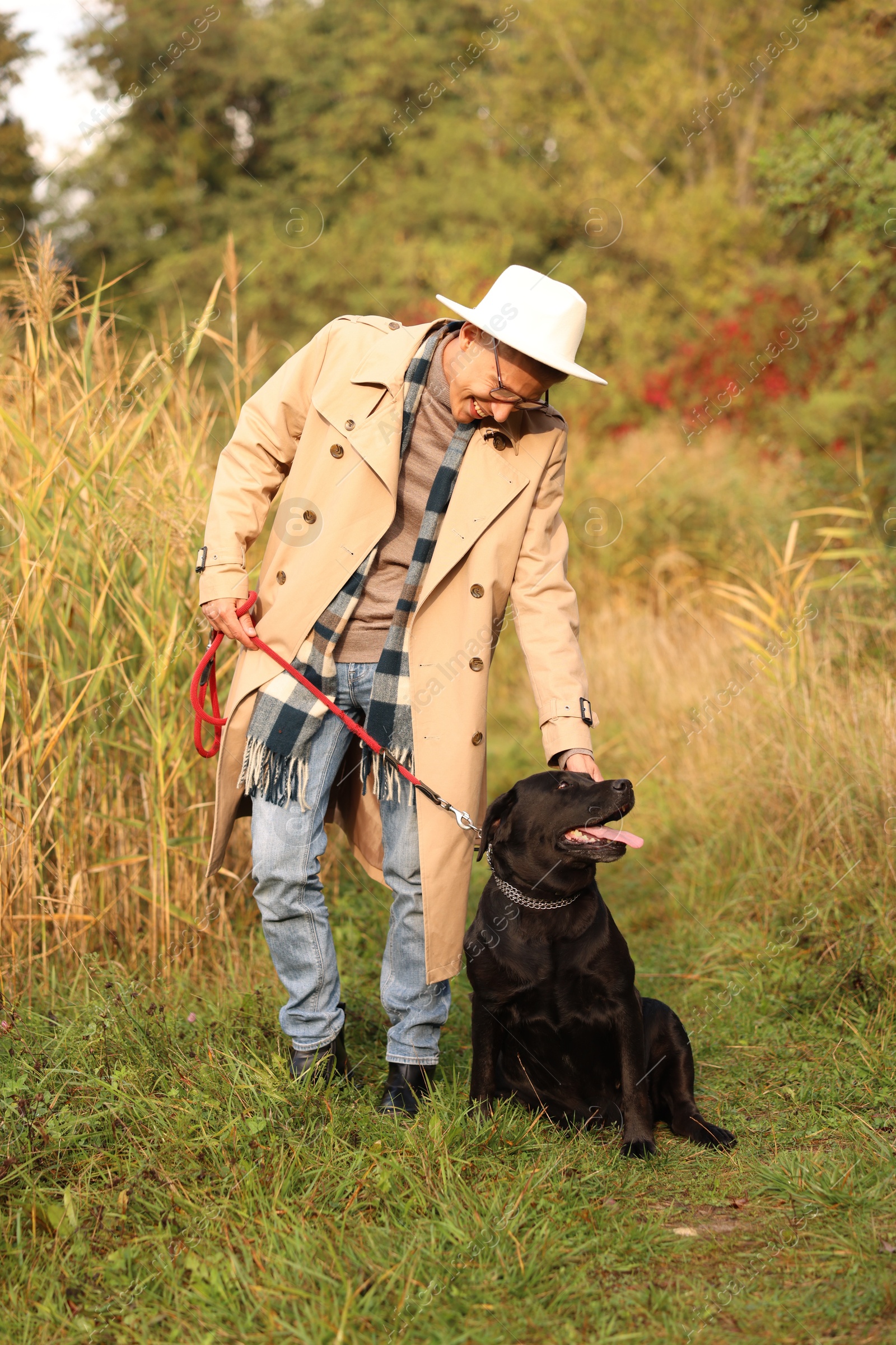 Photo of Smiling man with cute dog outdoors on autumn day