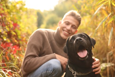 Portrait of cute dog with smiling owner outdoors, selective focus