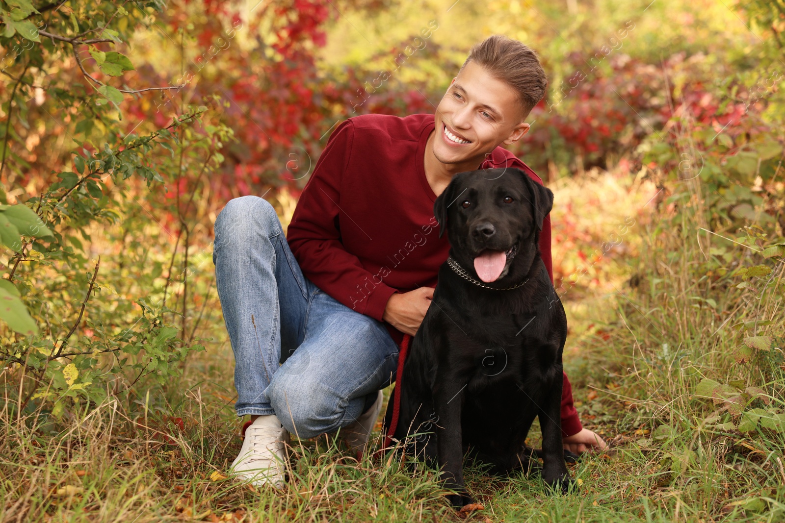 Photo of Smiling man with cute dog outdoors on autumn day