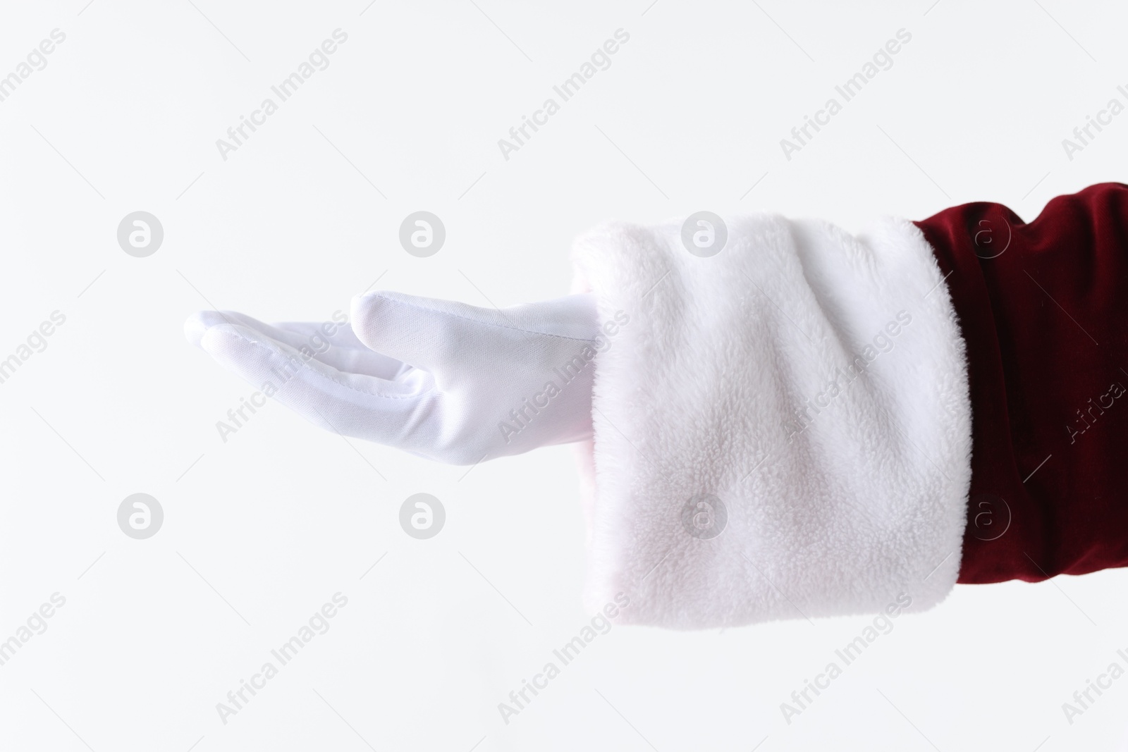 Photo of Santa Claus holding something on white background, closeup