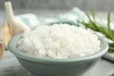 Sea salt in bowl on gray table, closeup