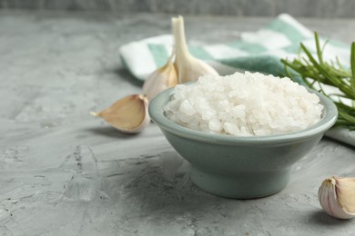 Sea salt in bowl, garlic and rosemary on gray textured table, closeup. Space for text