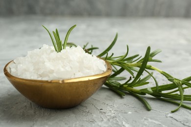 Photo of Sea salt and rosemary in bowl on gray textured table, closeup