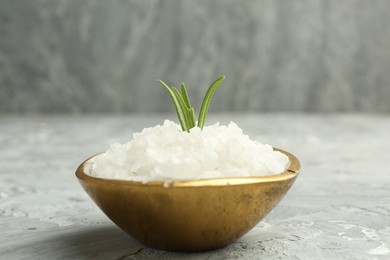 Photo of Sea salt and rosemary in bowl on gray textured table, closeup