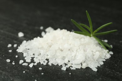 Photo of Sea salt and rosemary on dark gray textured table, closeup