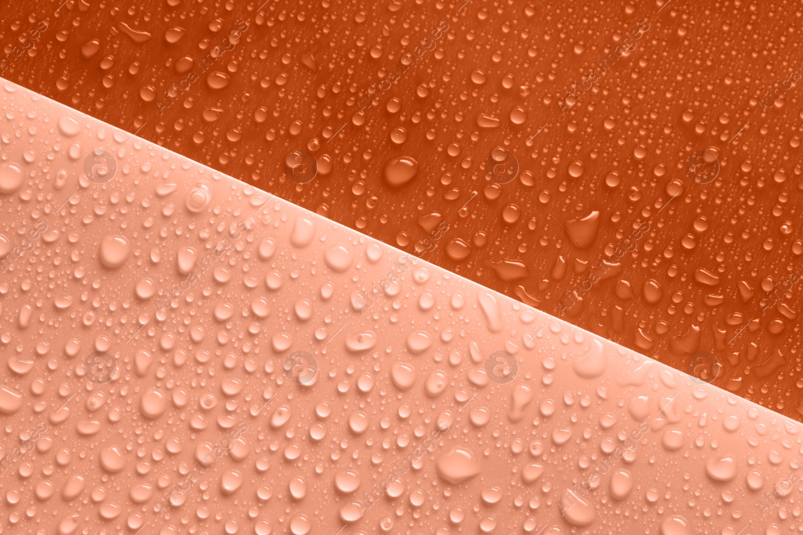 Image of Water drops on color background, above view